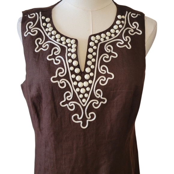 Talbots Chocolate Brown Sleeveless Embellished Linen Dress Size 10 Petite - Picture 3 of 6
